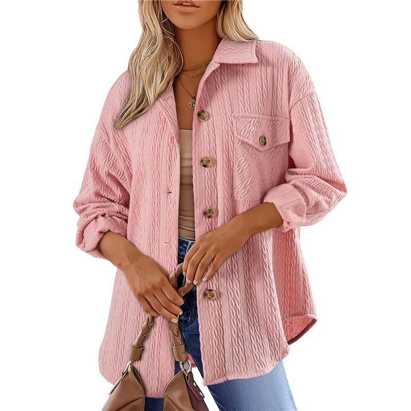 

A83F-Oversized Cable Knit Shacket Shirts For Womens Button Down Long Sleeve Work Blouses Fall Fashion Tops Pink M