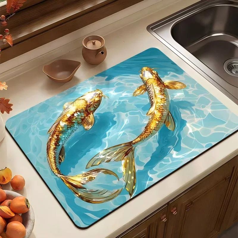 Water Ripple Goldfish Drainage Mat, Realistic Fish Swimming in Water, Non-Slip Diatomite Kitchen Countertop Drying Pad