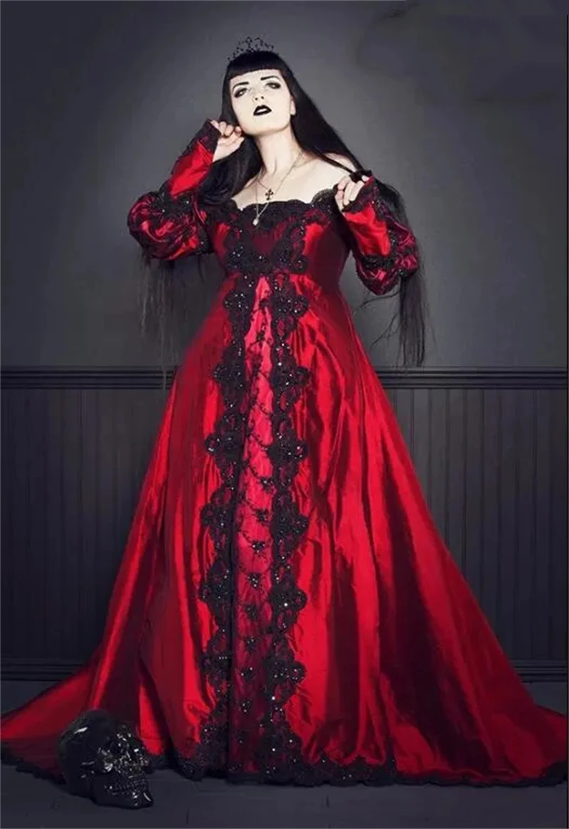 Medieval Black And Red Gothic Prom Dresses With Detachable Wrap Lace Ruched Off Shoulder Long Sleeves Formal Party Dress