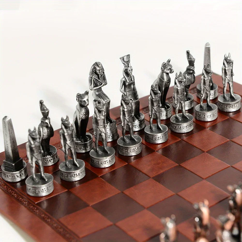 32 Pcs Metal Egypt Theme Characters Chess Metal Solid Color Artificial Leather Chessboard Table Game Toys Entertainment