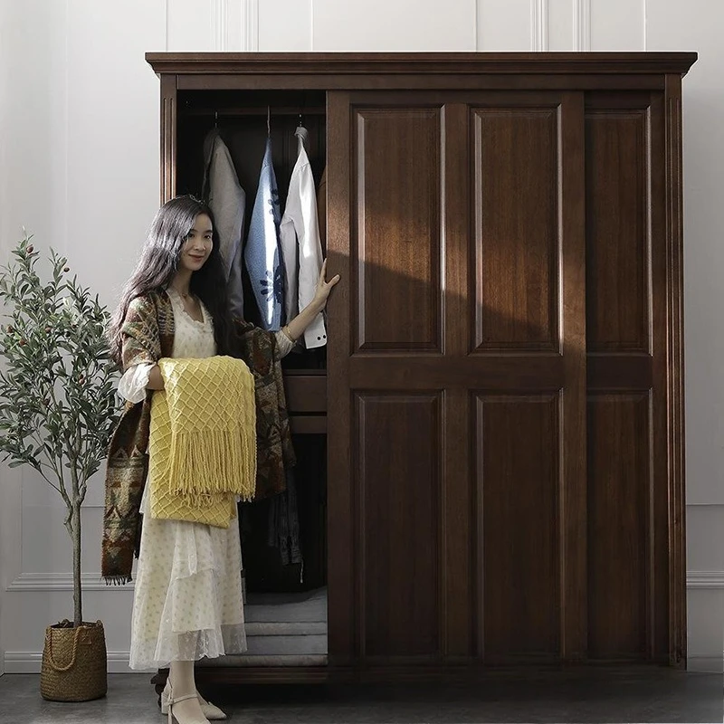 American rural all solid wood sliding door wardrobe retro double door wardrobe