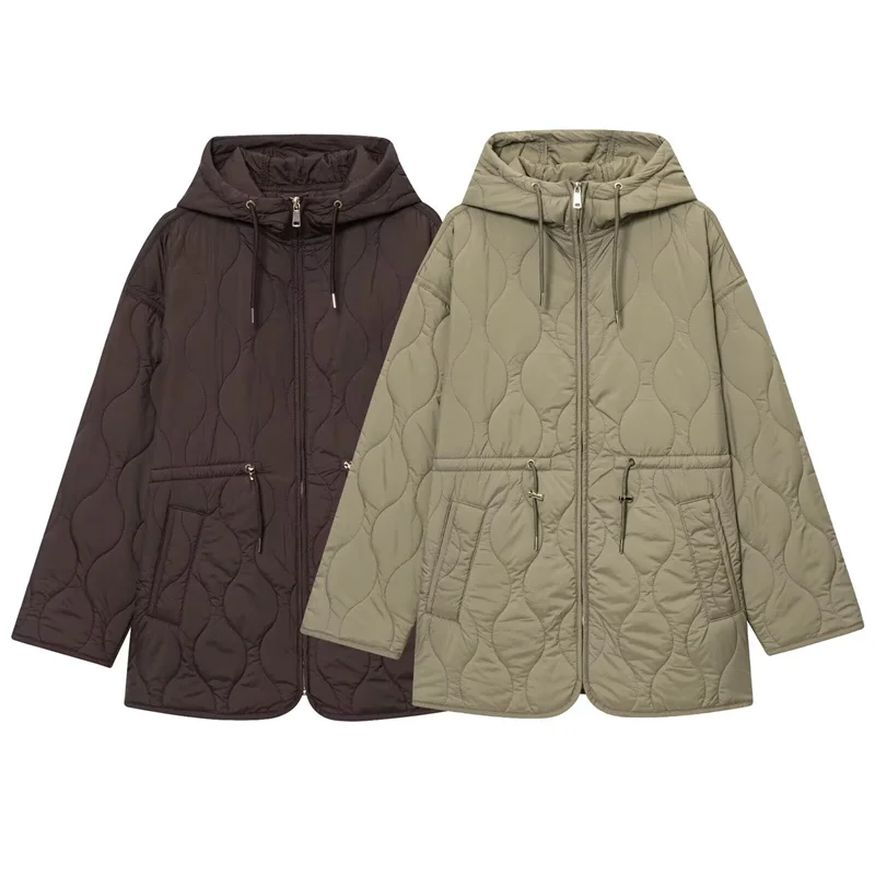 

Women's Jacket 2025 Autumn New Style Solid Color Long Sleeve Quilted Waist-Cinching Loose Warm Jacket Casual Fashionable
