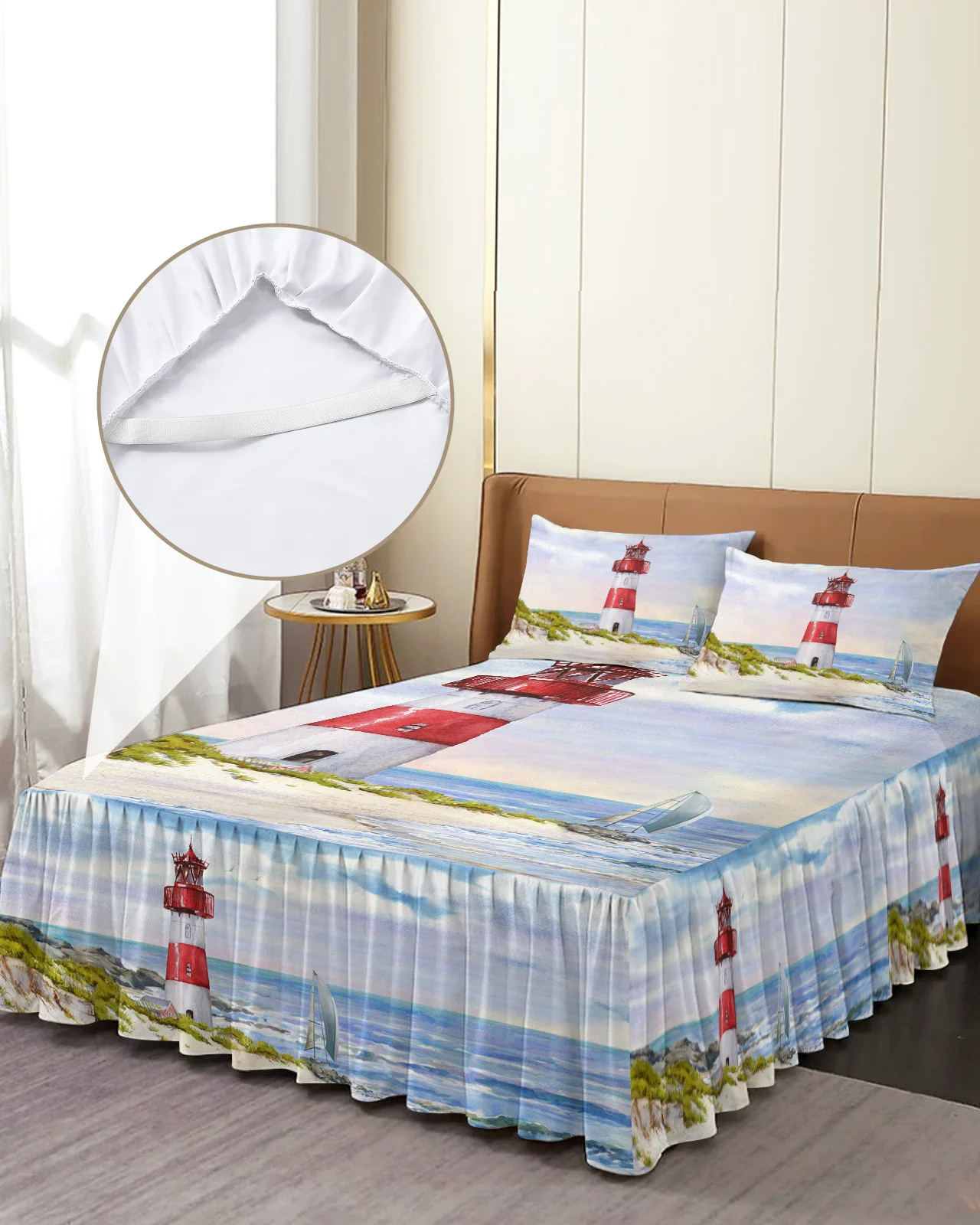 Lighthouse Island Vintage Watercolor Bed Skirt Elastic Fitted Bedspread With Pillowcases Mattress Cover Bedding Set Bed Sheet