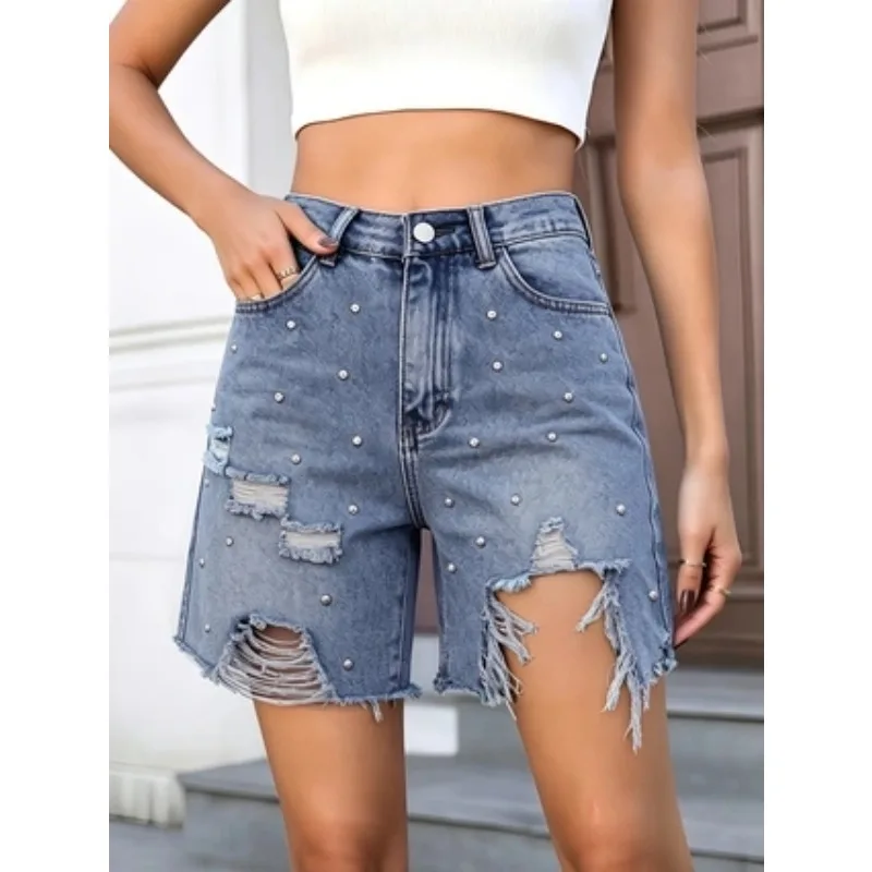 Women's Light Wash High Waist Studded Ripped Denim Bermuda Shorts, Frayed Distressed Loose Fit Jean Shorts