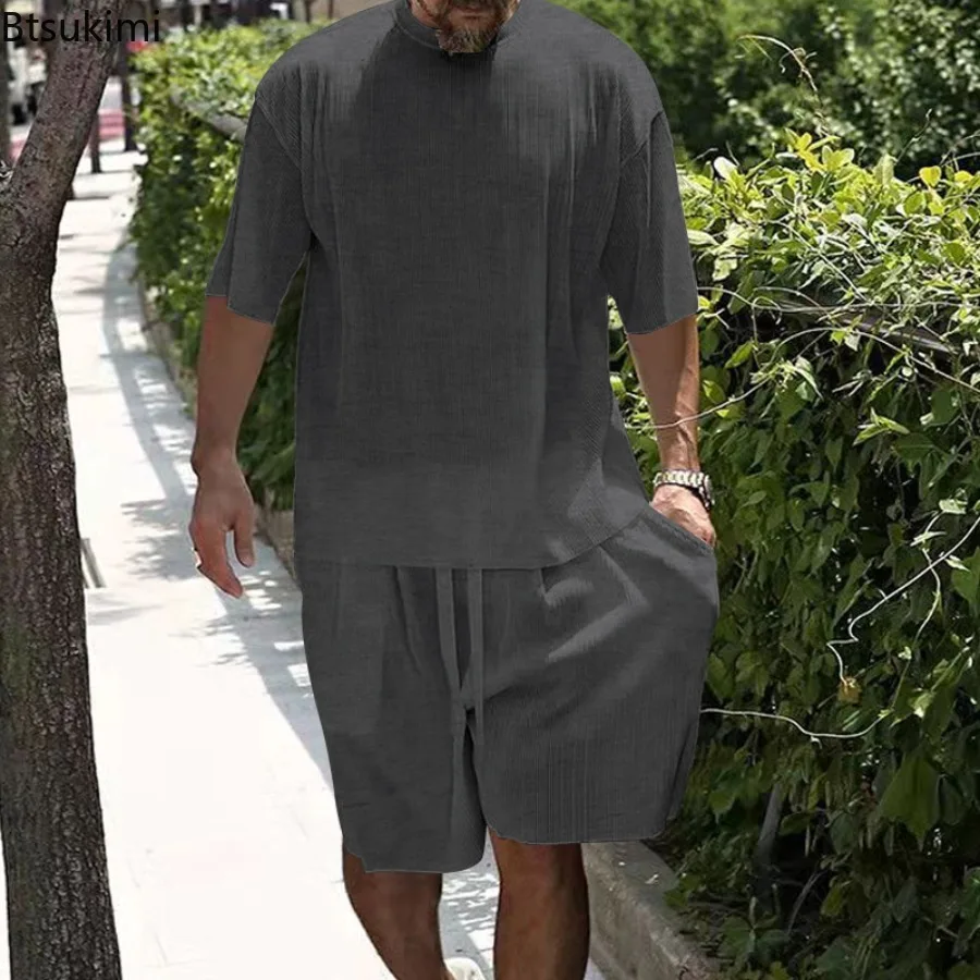 2025 Men's New Fashion Casual Sports Suit Summer Ice Silk Solid O-neck Vertical Stripe T-shirt Shorts Man Short Sleeve Tracksuit