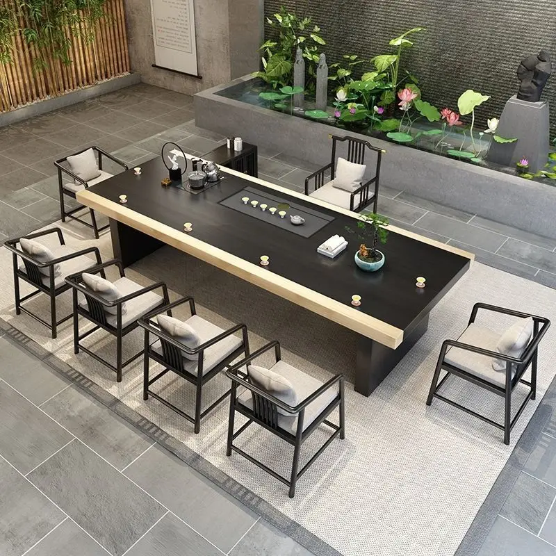 New Chinese large board tea table and chair integrated tea table simple office  solid wood zen coffee