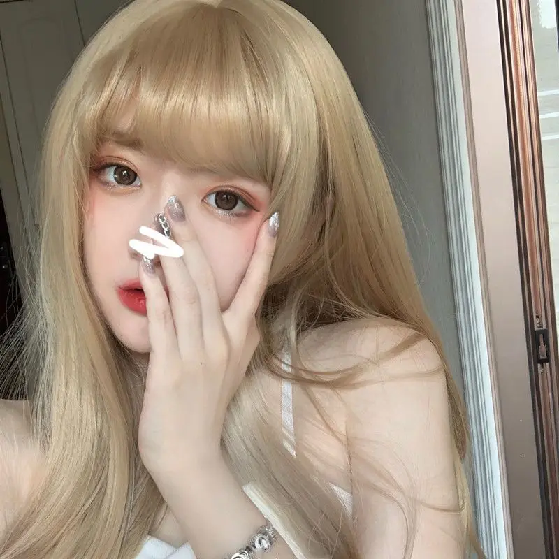 Milky Tea Long Straight Full Wig Unisex, Air Bangs for Daily Lolita Dark Academia Cosplay Universal Use