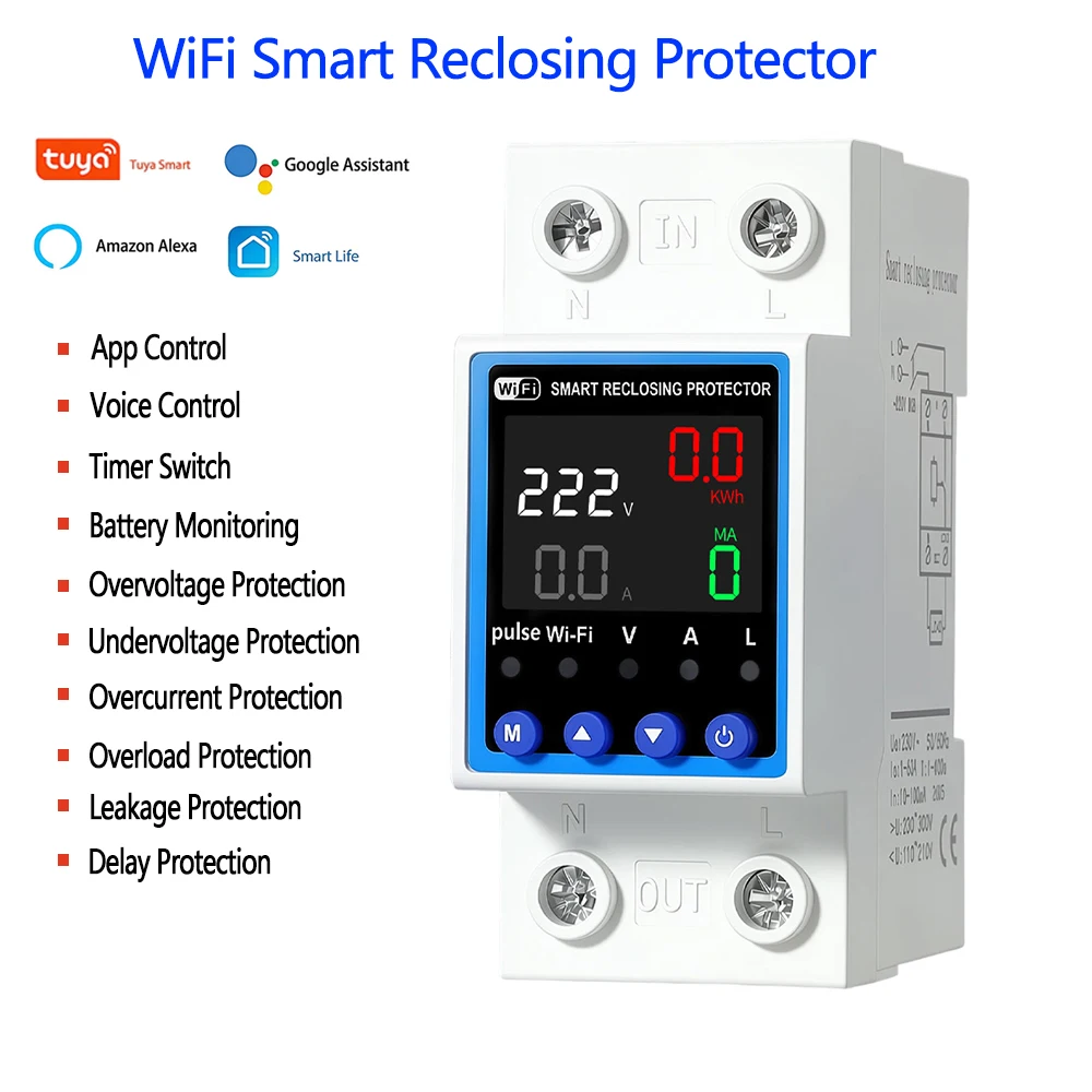 TUYA WIFI Intelligent Reclosing Leakage Protector APP Controls Overvoltage Undervoltage Overcurrent Overload Delay Protection