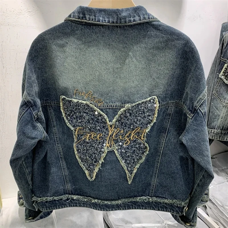 

Chaquetas Butterfly Embroidered Denim Jacket Women Spring Autumn Long Sleeve Cotton Outerwear Button Female Casual Jeans Coat