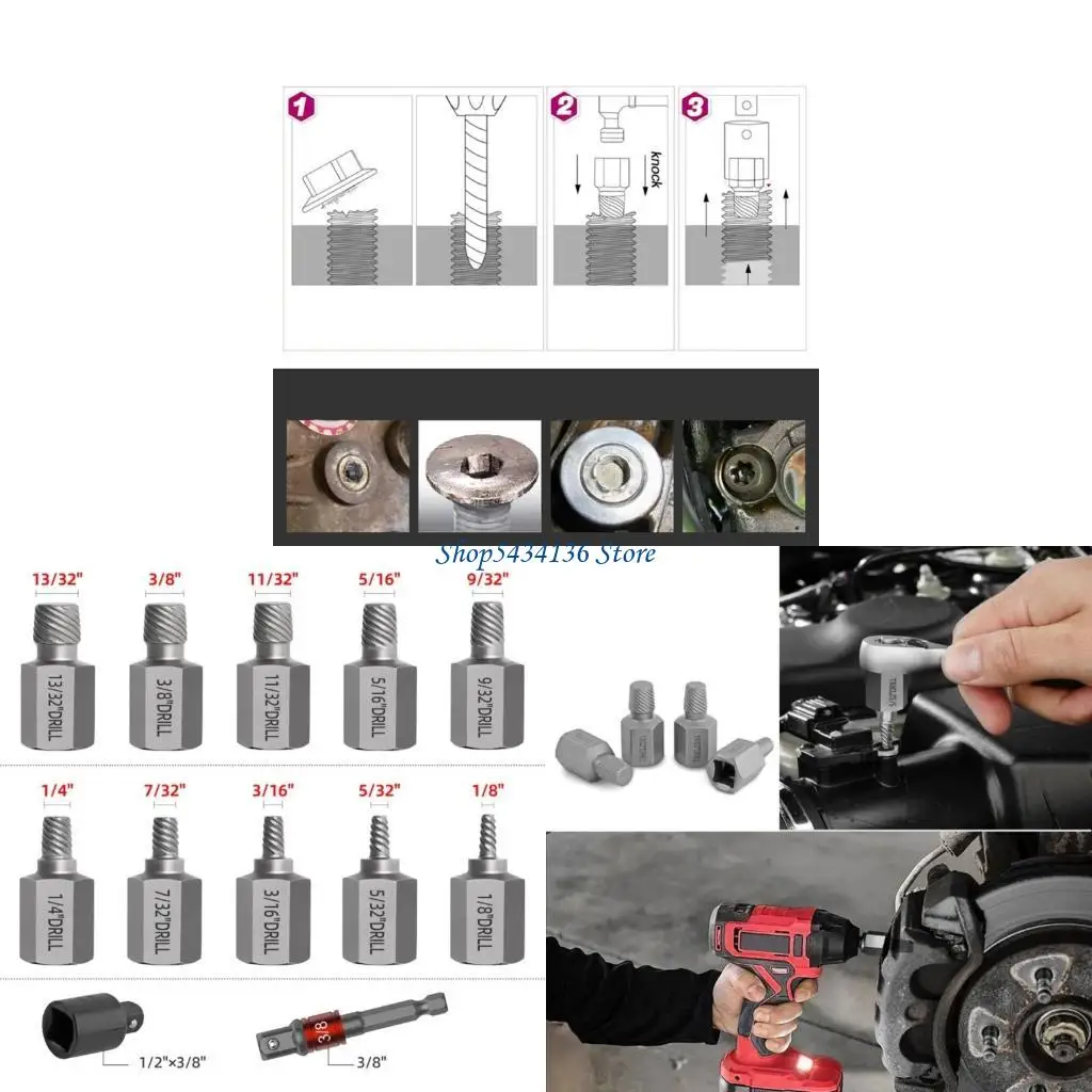 H7ED 12 Piece Screw Extractor 3/8 Inch Drive Hexagonal Head Multi Spline Tool Suitable For Stripped Bolt And Nut Removal