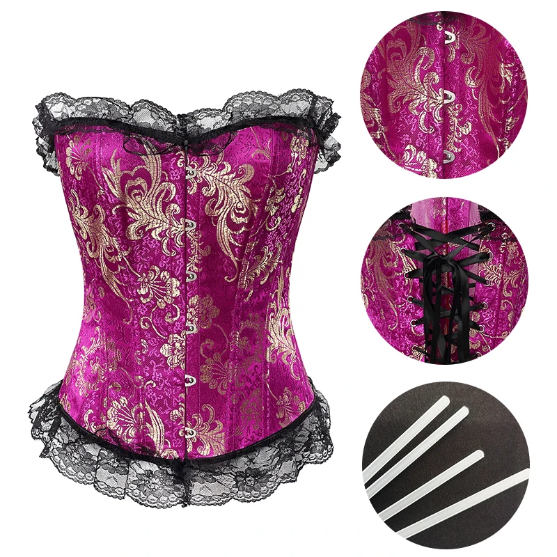 Plus Size Body Shaper Lace Up Victorian Corselet Overbust Satin Corset Top Floral Lingerie Sexy Bustier