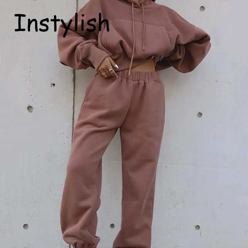 Women Fleece 2 Pieces Set Hoodies Suit 2023 Spring Winter Sweatshirt and Sport Sweatpants Set Vintage Y2K Streetwear Tracksuit