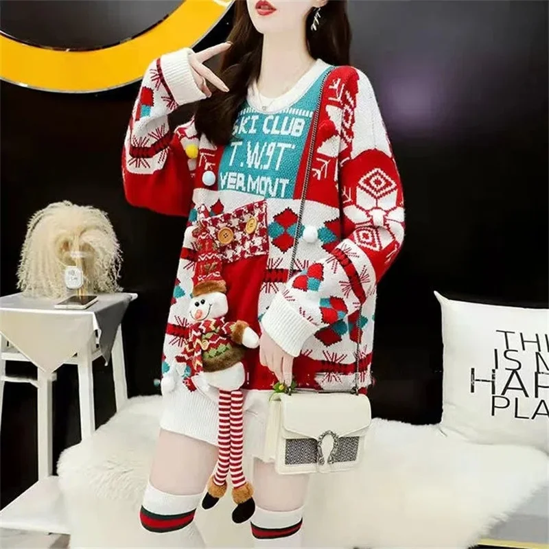 Large Size Women Sweater Autumn Winter Korean Loose Thick O-Neck Red Christmas Sweater Sweet Cute Pullover Knitted Jumper Mujer