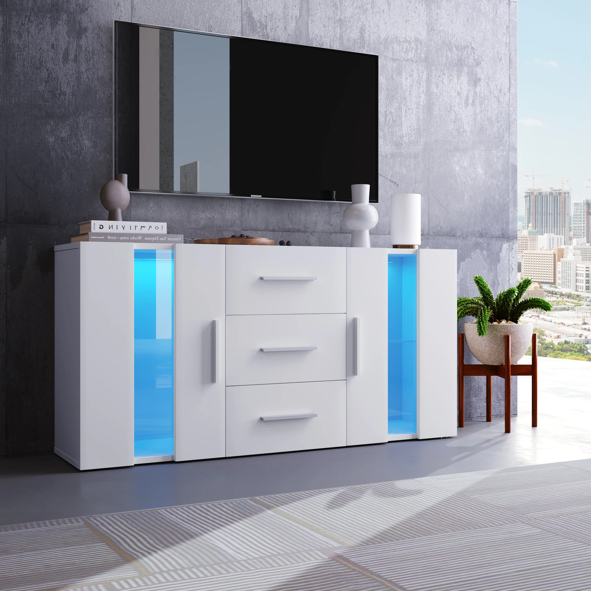 KOMHTOM Aparador multifuncional 3 en 1 de 140x35x70 cm, cómoda y mueble bajo para TV con luces LED ajustables en 16 colores, gran capacidad de almacenamiento