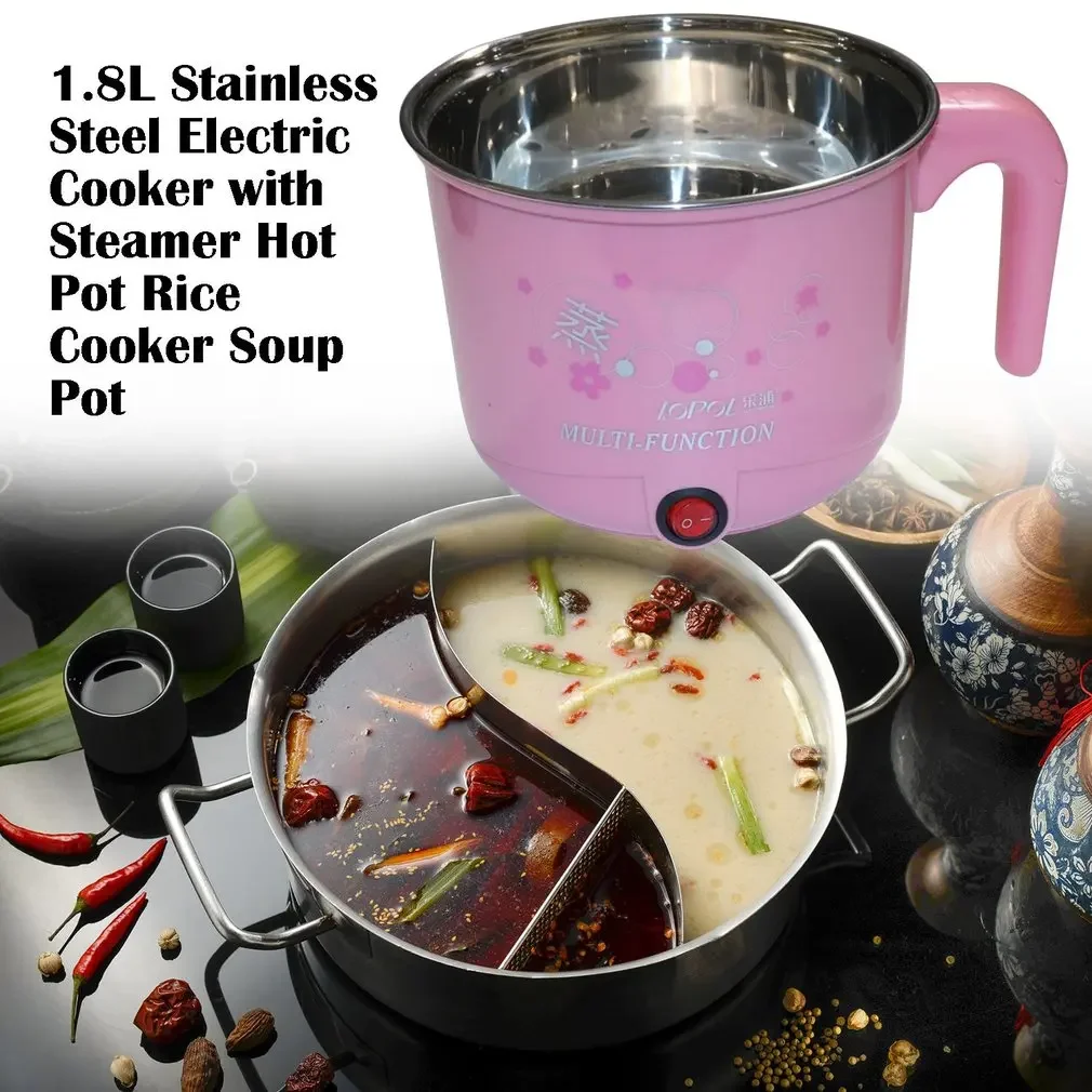 1.8L Electric Cooker Stainless Steel Steamer Hot Pot Rice Cooker - 450W Multifunction Noodles Rice Stew Soup Eggs Pan