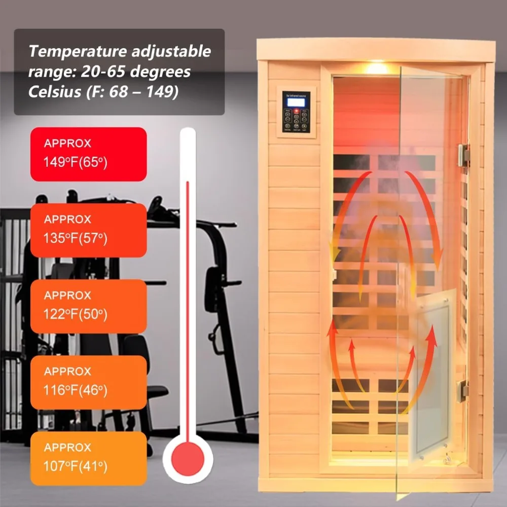 1 Person Low EMF Infrared Sauna with Bluetooth Speakers，LED Reading Lamp and Chromotherapy Lamp，Indoor Sauna Room