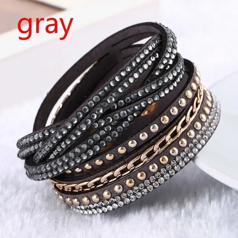 Women Fashion Summer New Leather Bracelet Rhinestone Crystal Bracelet Wrap Multilayer Bracelets for Women Jewelry Accessories