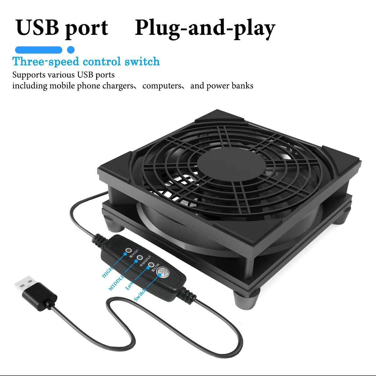 Home Router Cooling Fan For Ipad USB-Powered Silent Computer Fan 3-Speed Adjustable Silent  Fan Cooling with Controller