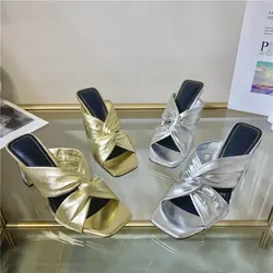 2022 New Glitter Gold Silver Mules Clear Thick High Heels Slippers Women Shoes Summer Fashion Cross-tied Slides Pumps