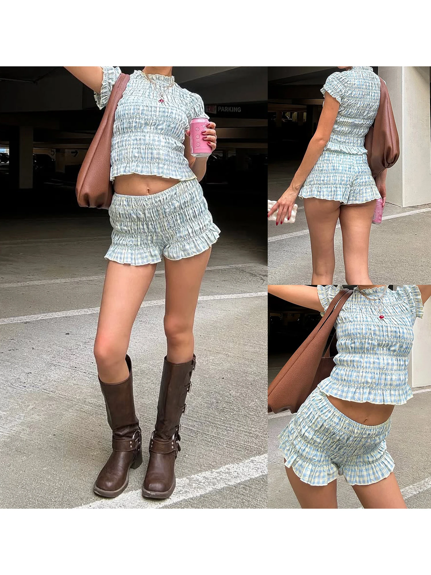

Женская повседневная футболка из двух предметов с коротким рукавом и круглым вырезом, шорты с эластичной резинкой на талии, стильный летний наряд в клетку