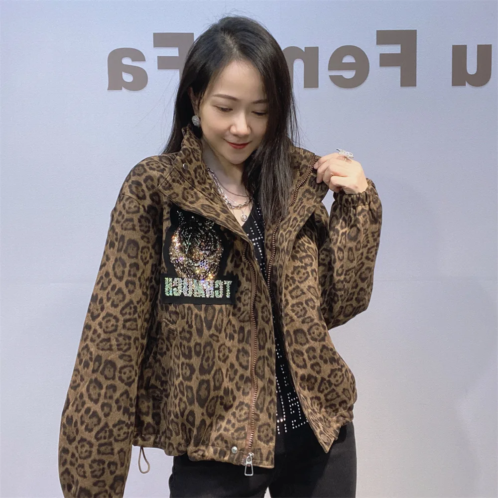 Autumn Winter New Fashion Leopard Print Drawstring Short Zipper Jacket Women's Trendy Brand Rhinestone Baseball Jacket Top Coat