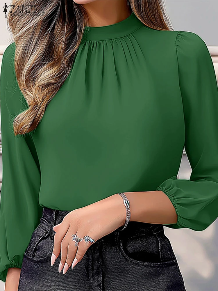 

ZANZEA Commute Fashion Women's Blouses 3/4 Puff Sleeve 2024 Fall Elegant Blusas Mujer Solid Color Stand Collar Simple Tunic Tops