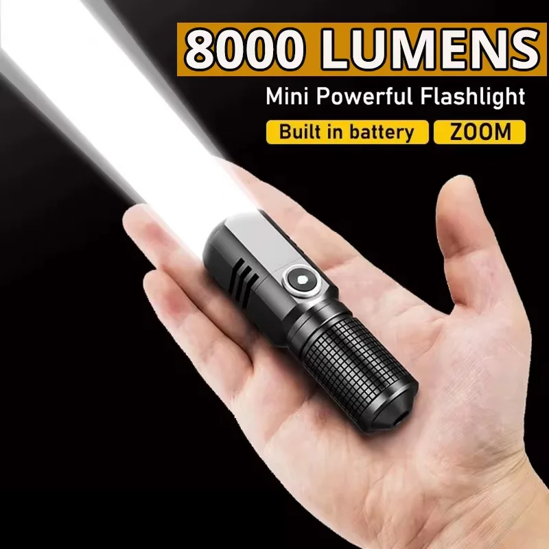 Powerful Led MINI Flashlight Built in Battery Shot Long Type-c Rechargeable Flash Light EDC Torch Lamp For Camping