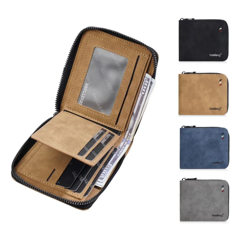 新しいメンズショートウォレット、ファッショナブルな横型ジッパー三つ折り小銭入れ、マットPU小型財布、マルチスロットカードケース