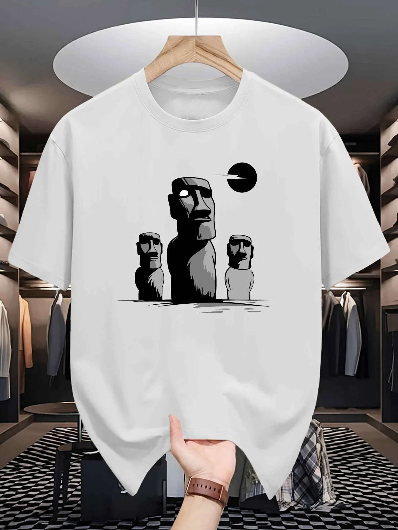 Moai Statue Print Mens Crew Neck T Shirt Easter Island Meteor Monument Graphic Short Sleeve Casual Cotton Trendy Street Tees