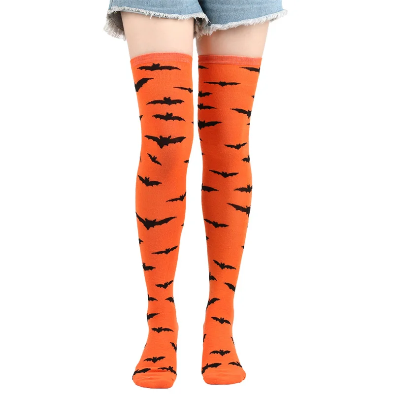 Over 12 Years Old Halloween Cosplay Party Socks Bat & Skull Dress Up Adult Above Knee Knit Long Stockings for Big Girls Women