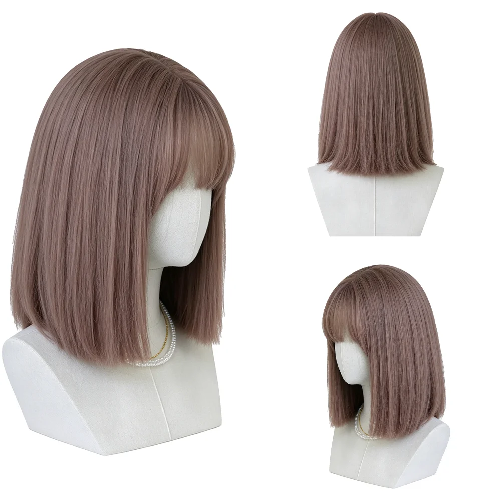 

Fashion Ash Pink Brown Straight Bob Wig with Fringe Shoulder Length Natural Soft Synthetic Wig For Women Daily Party Costume