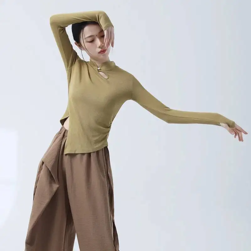 UMI MAO Chinese Style V-neck Top Modern Dance Slit Slim Fit Cross Long Sleeved Finger Pointing Women's Artistic Examination