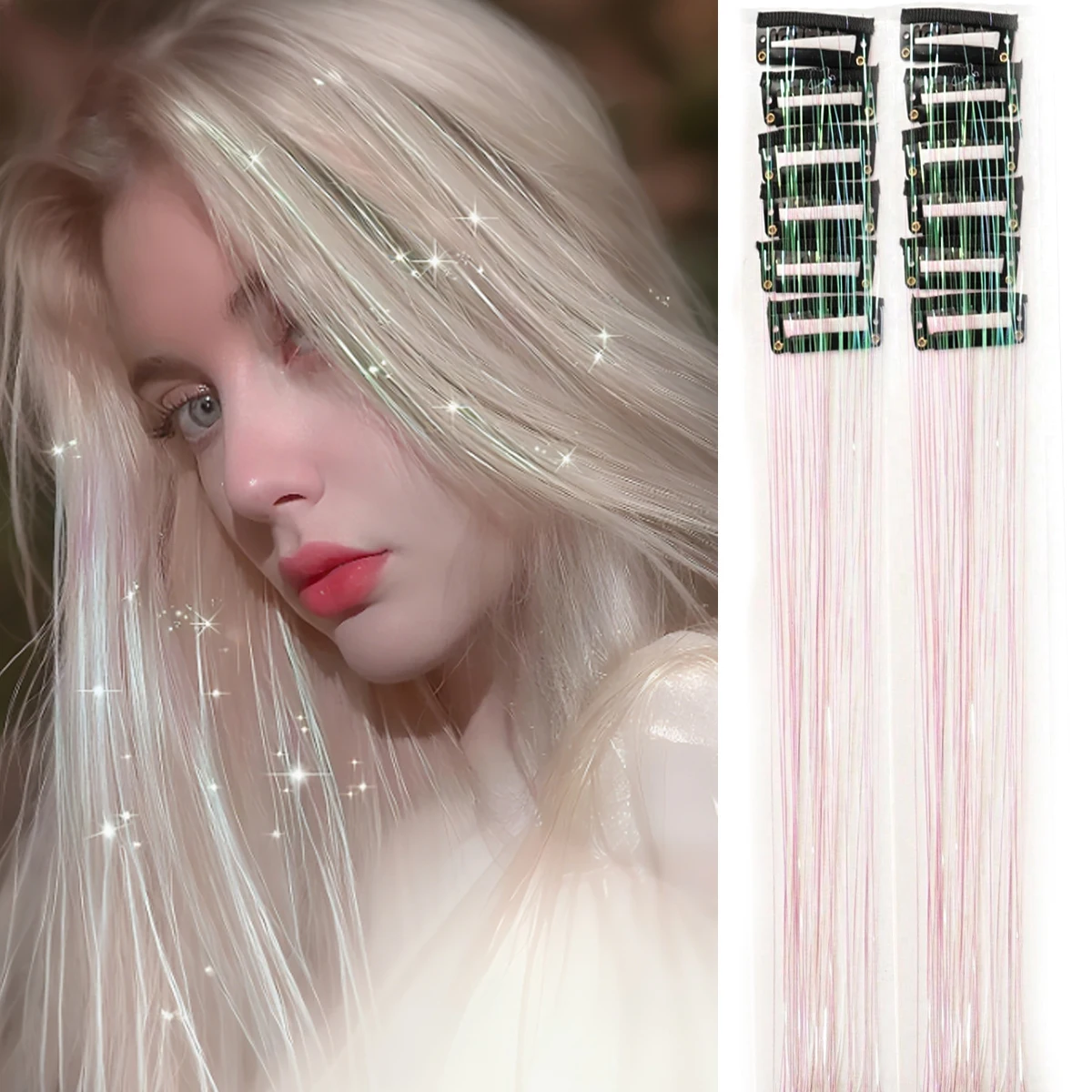 

12Pcs/1pack 50cm Synthetic Sparking Shiny Hair Tinsel Hair Extensions Tinsel Hair Clip Extensions Women for Braiding Headdress
