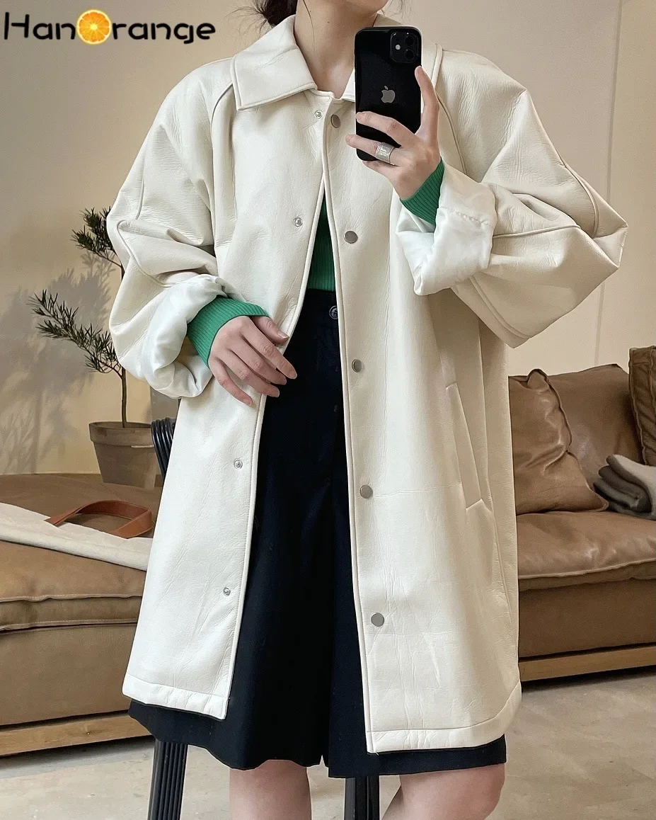 HanOrange 2024 Spring Fashion Profile Cool PU Windbreaker Women Loose Thin Lapel Trench Coat Female