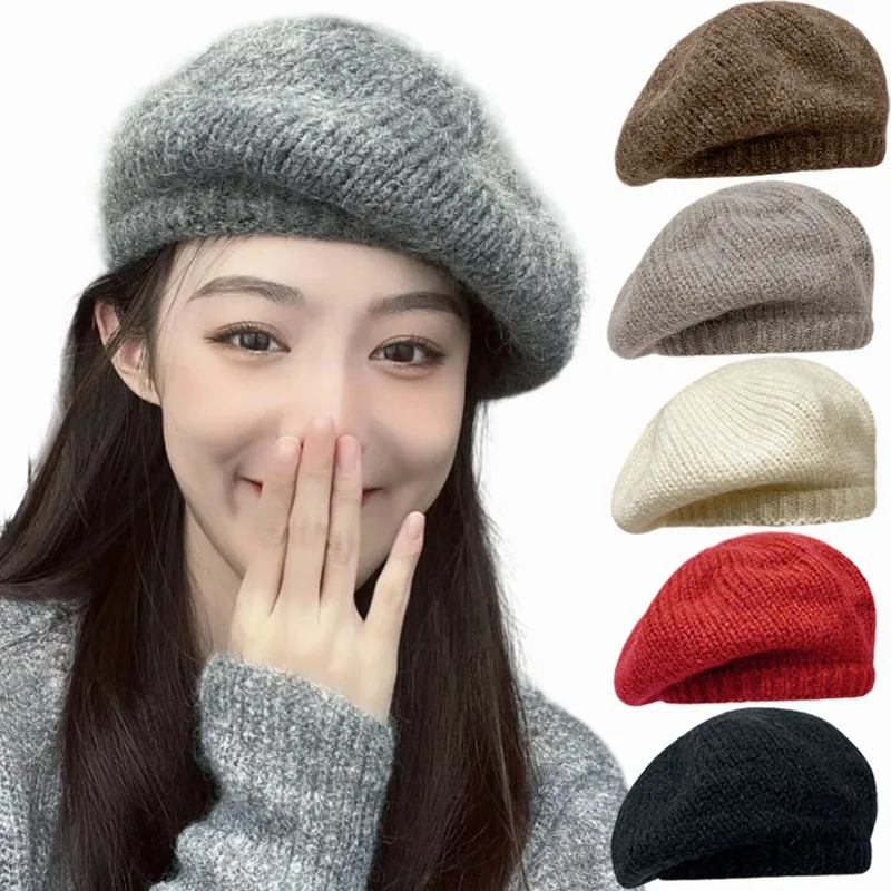 Autumn Elegant Premium Feel Versatile Mohair Knitted Hats for Women Winter Plush Kawaii Caps Highly Elastic Super Soft Berets