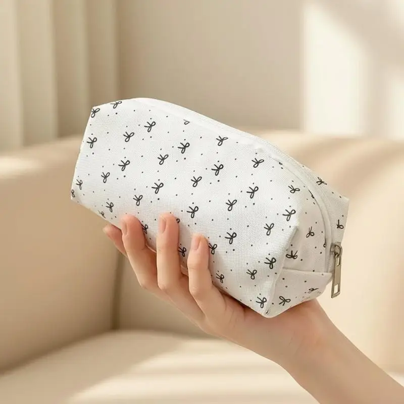 Canvas Pencil Case Lovely Bow Print Large Capacity Smooth Zipper Pouch for High School Students Office Stationery Storage