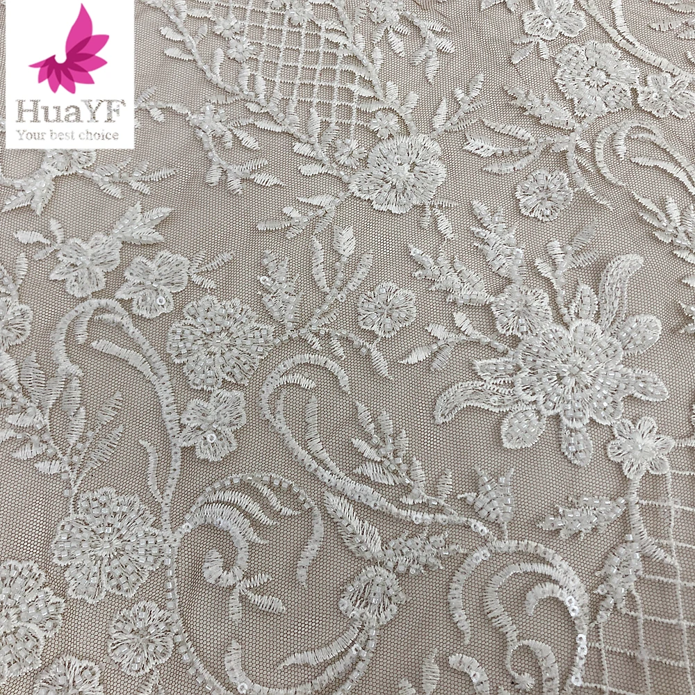 New design high quality white color beaded embroidery mesh bridal lace fabric HY3017