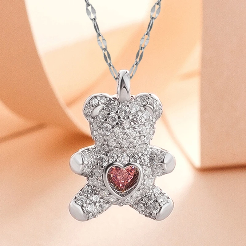 Flash Lovely Bear Pendant Necklaces for Women Golden Titanium Stainless Steel Neck Link Chain female Jewelry Gift