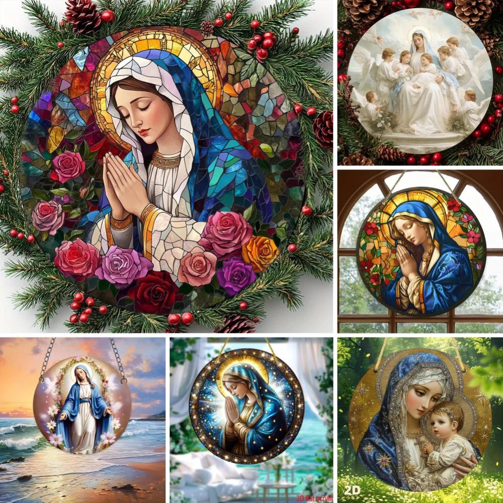 Religious Suncatcher - Virgin Mary Design,Round Hanging Window Ornament - Spiritual Art Decor for Home, Office, Porch