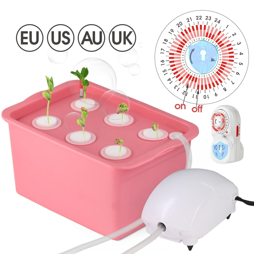 6 หลุม 5L ปลูก Grow Kit ระบบ Hydroponics การเพาะปลูกเมล็ดผักสีชมพูปลูกกล่อง Soilless Air ปั๊มจับเวลาอัจฉริยะ