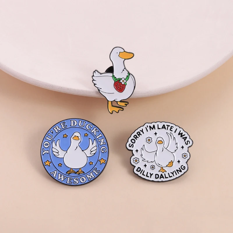 Funny Duck Pun Pin YOURE DUCKING AWESOME Brooch with Strawberry Design Accessory for Daily Wear Cute Humor Style