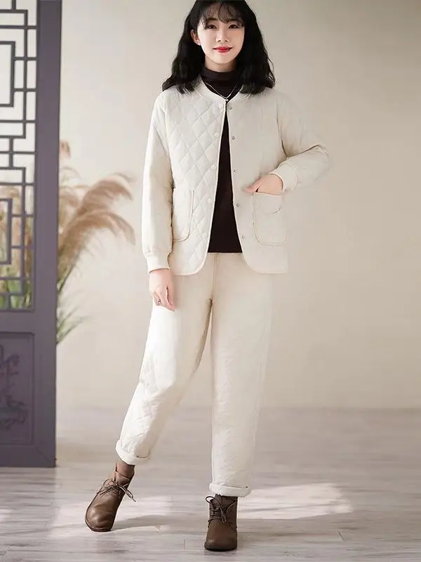 Conjunto de calças e Jaet de algodão Thiened para mulheres de meia-idade outono inverno Faion Outfit longo Sve com fecho de zíper xadrez Pat...