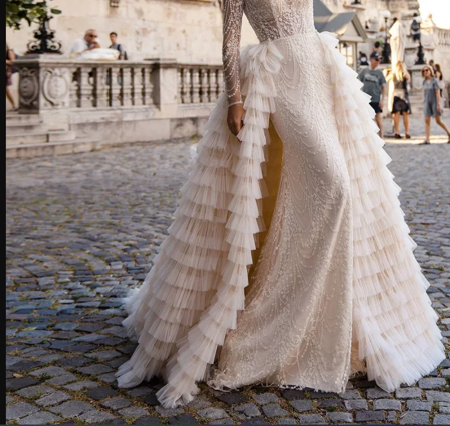 Falda de novia de cola desmontable, sobrefalda Hippie de tul con volantes, superposición de cola larga, vestido de baile