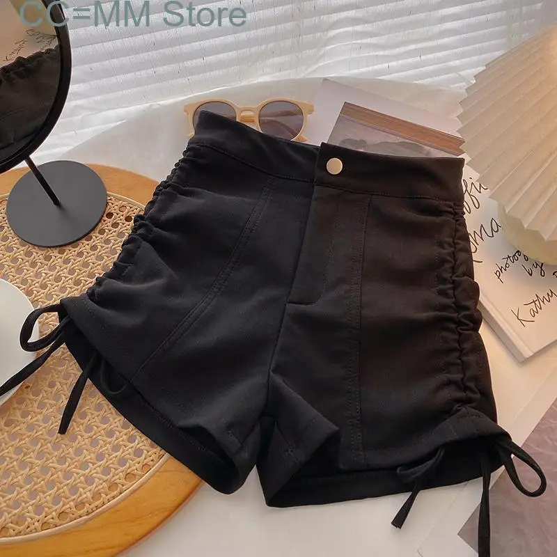 New Black White Shorts for Women High Waisted Korean Fashion Shirring Chic Shorts Ladies Casual Wide Leg Shorts