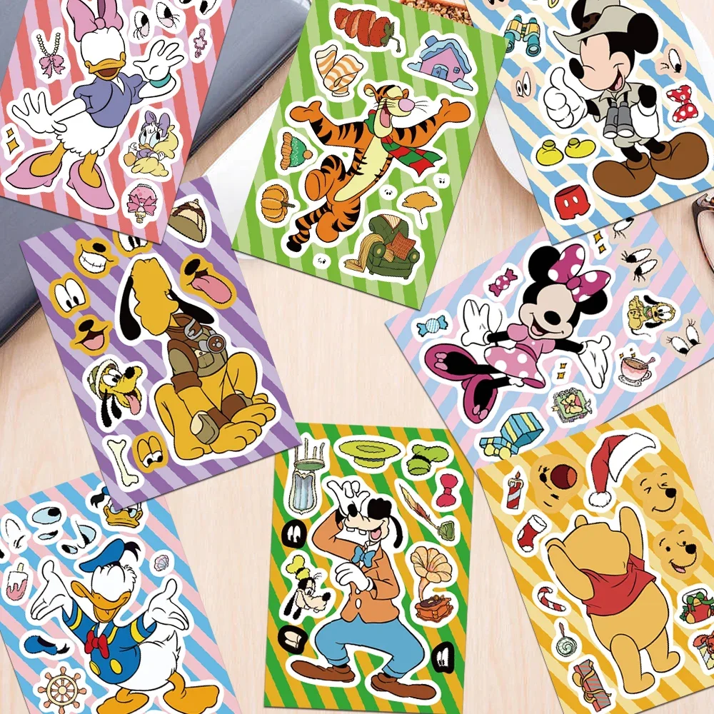 8/16Sheets Disney Make A Face Puzzle Stickers Mickey Minnie Donald Duck Kids Assemble Jigsaw Toys Children Funny Game Party Gift