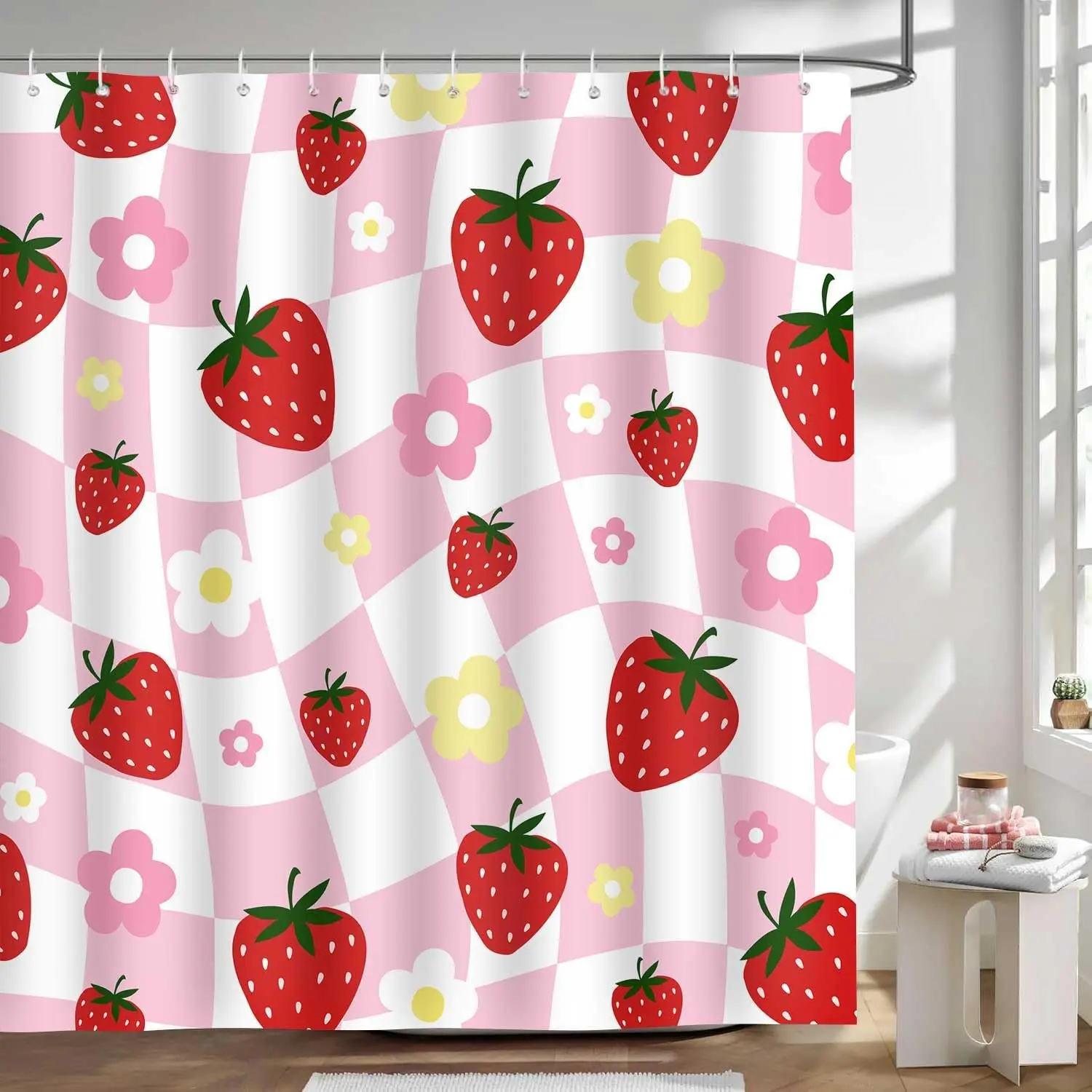 Cute Retro Pink Strawberry Shower Curtain, Girly Groovy Checked Floral Fruit Bathroom Bathtub Decor Curtain With Hooks