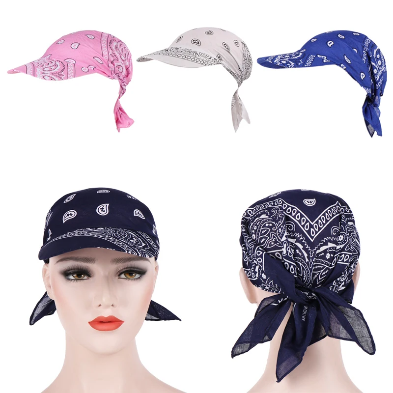 

Women Cotton Head Scarf Visor Hat With Wide Brim Sunhat Summer Beach UV Protection Sun Hats Female Casual Printed Flower Cap