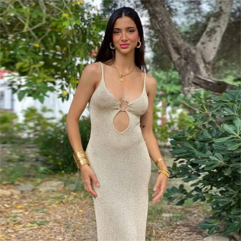 

2024 New Metal Ring Link Sexy Knit Hollow Out Sling Dress Women Deep V-neck Chic Hollow Out Sleeveless Backless Sling Knit Summe