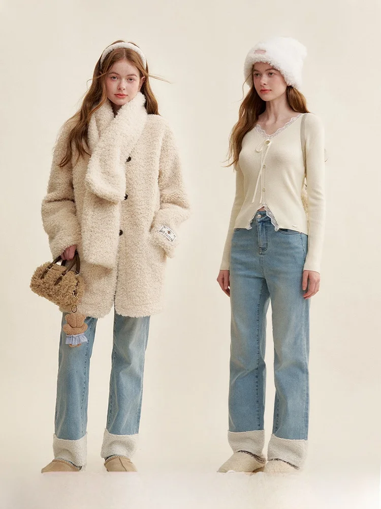 

Джинсы Kroche Lazy Thiened на пуху из овчины с бахромой, прямые джинсы, свободные джинсы с застежкой-молнией на талии, осень-зима