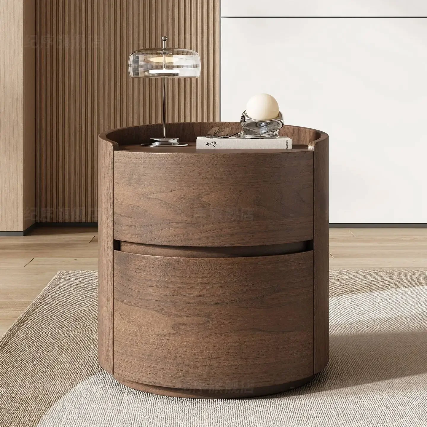 Luxury Round Bedside Table Italian Solid Wood Storage Cabinets Minimalist Bedroom Bedside Tables Modern Wood Grain Side Tables